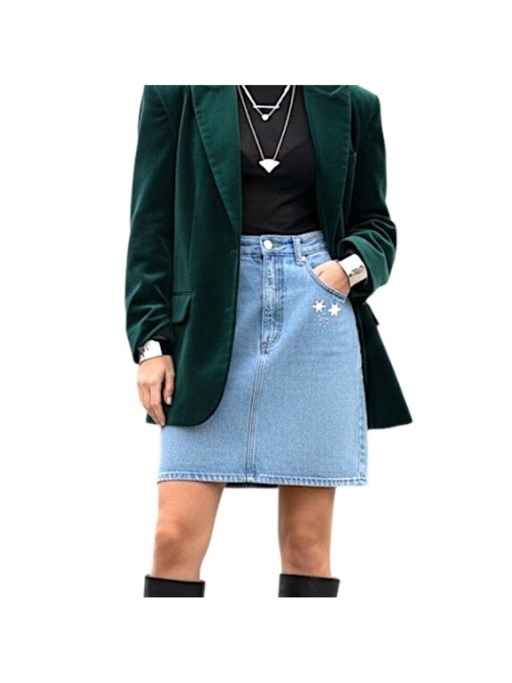 Vintage 80s 90s rigid cotton denim high waist embroidered western jean skirt